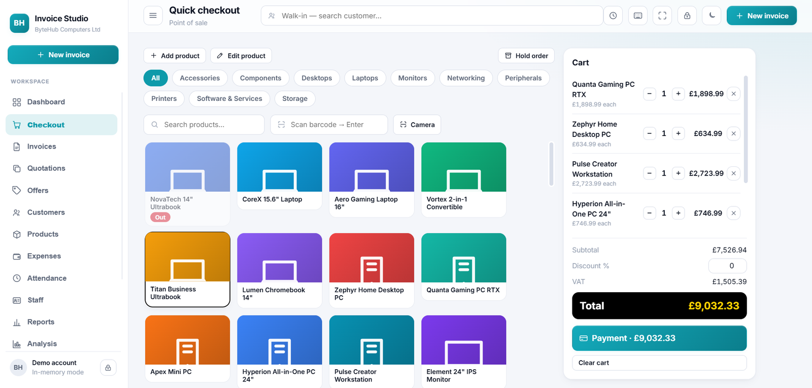 Quick checkout screen with product tiles and a cart totalling £9,032.33