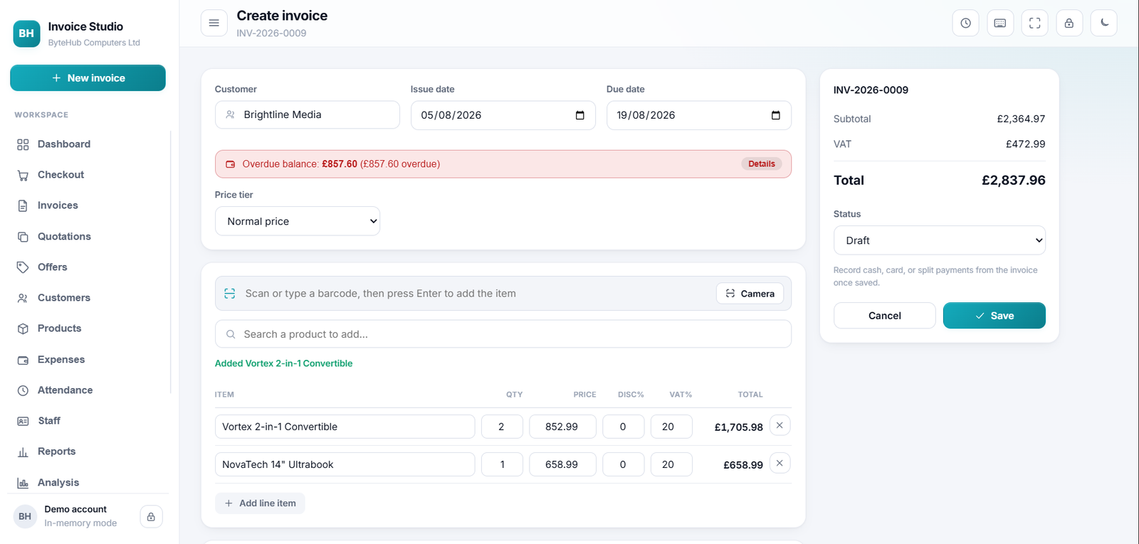 Create invoice screen with line items, VAT and a running total