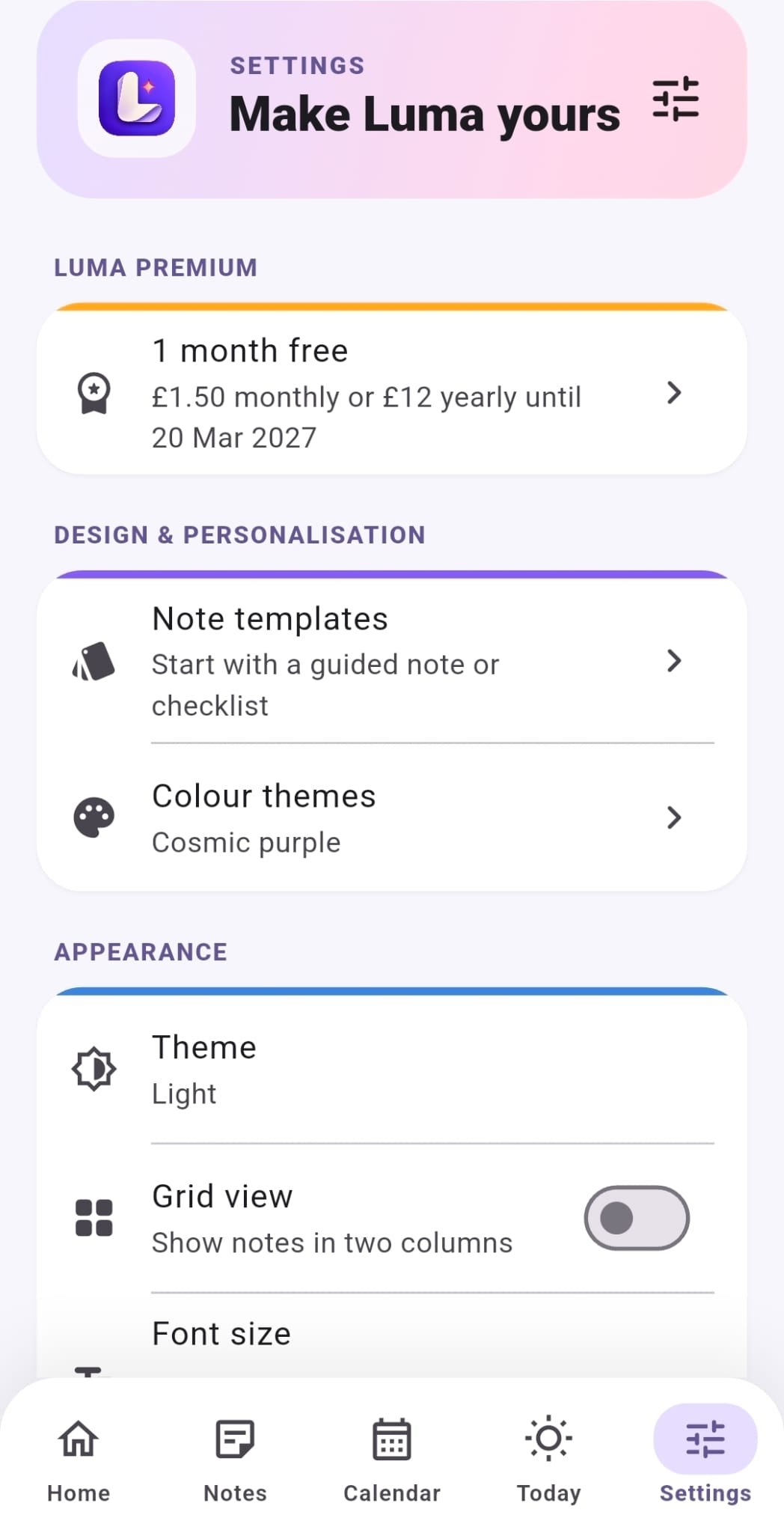 Luma Notes settings and themes