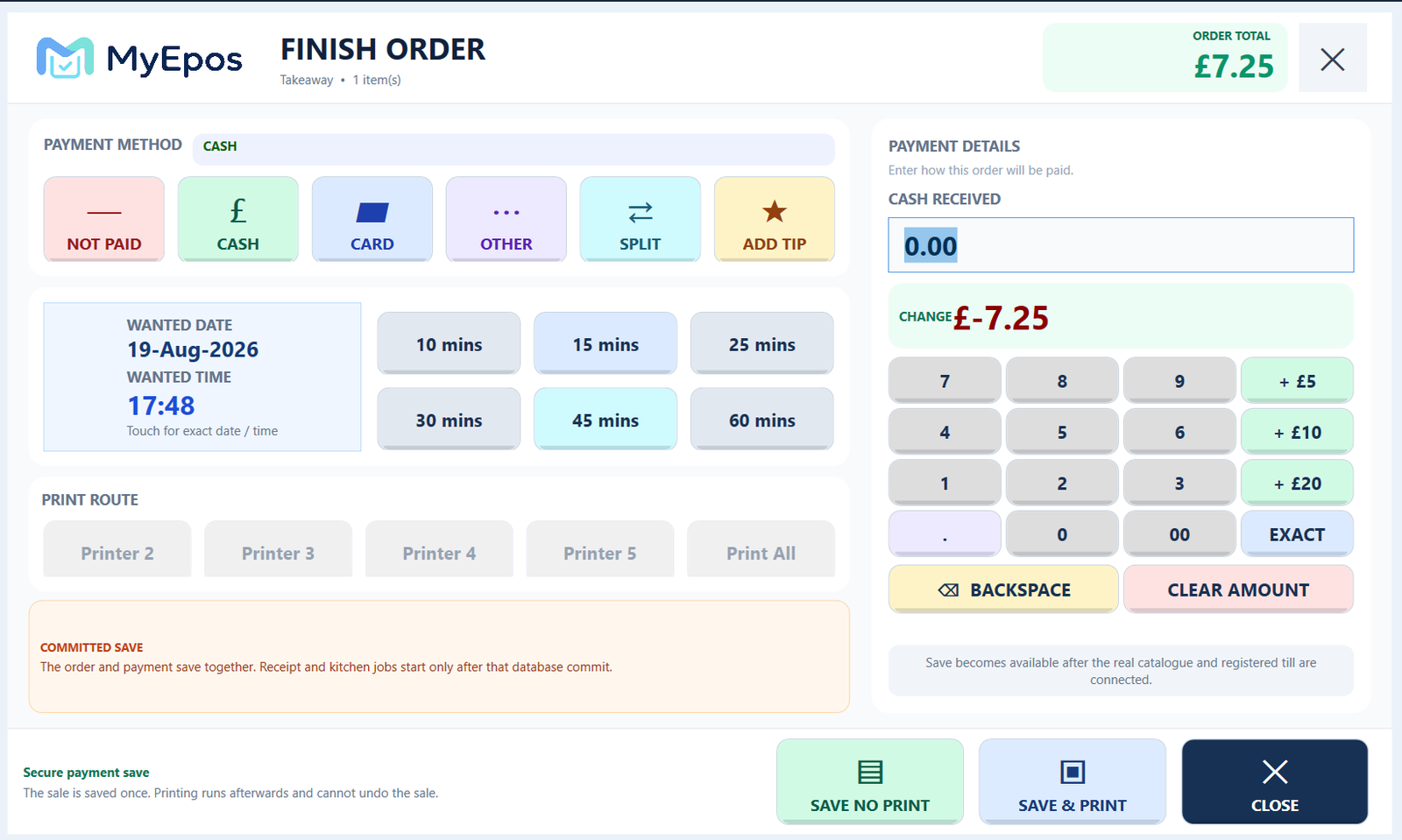 Finish order and payment screen